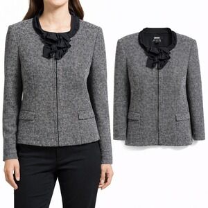 DKNY Grey Wool Blend Tweed Ruffle Collar Bow Blazer‎ Jacket Womens Size 12